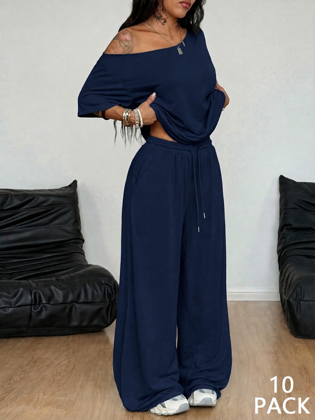 Navy blue off-shoulder wide-leg pants set, 10-pack bundle