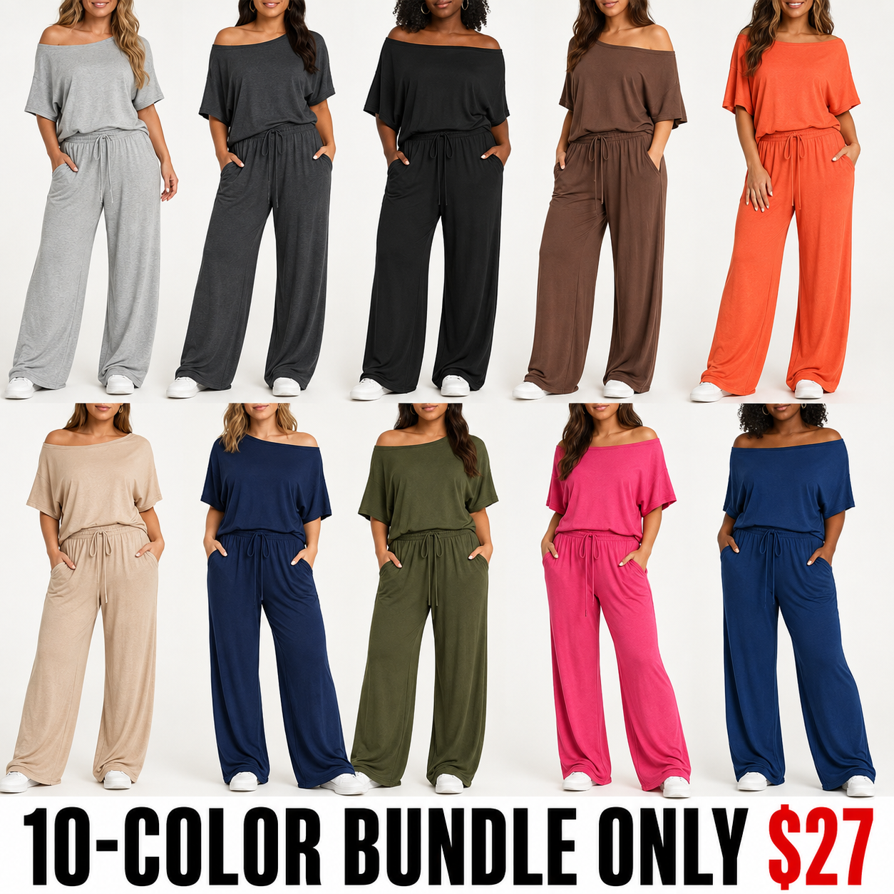 Ten-color off-shoulder pants bundle shown with lower-face crop only