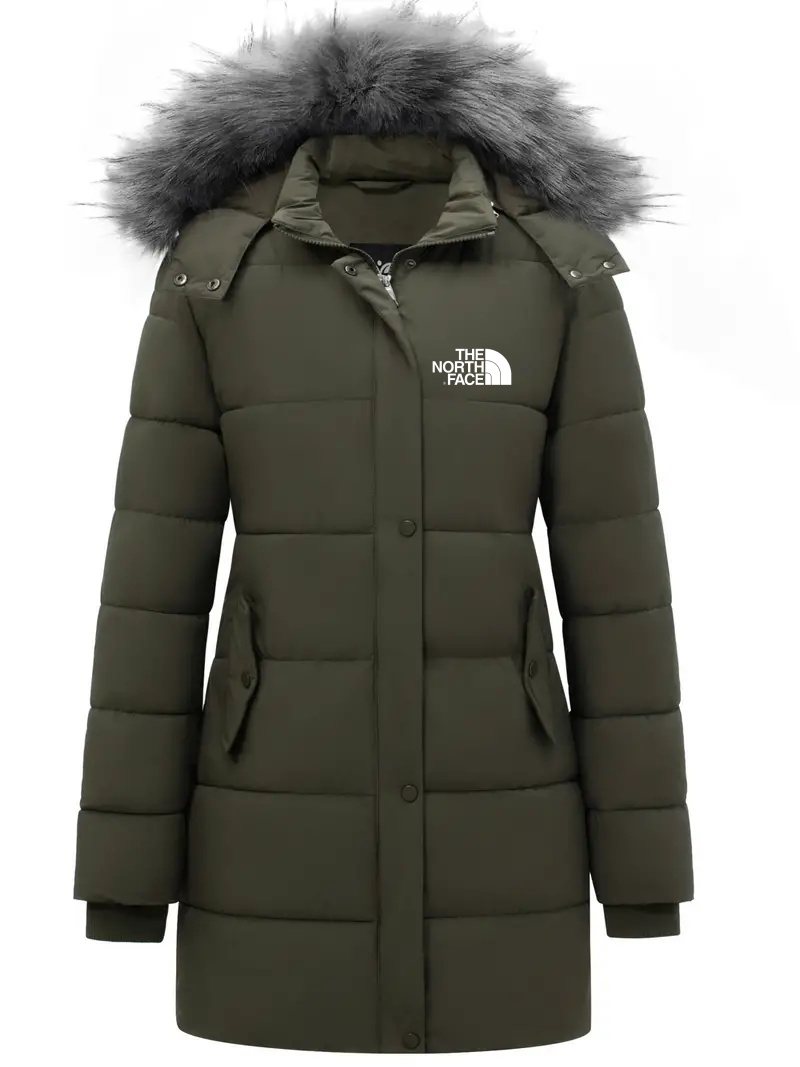2025 TNF®Women's coat, fur trim hooded padded jacket, casual long sleeve slim fit warm autumn and winter coat