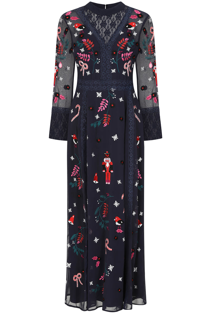 Navy Christmas Embroidered Maxi Dress with Lace Panels