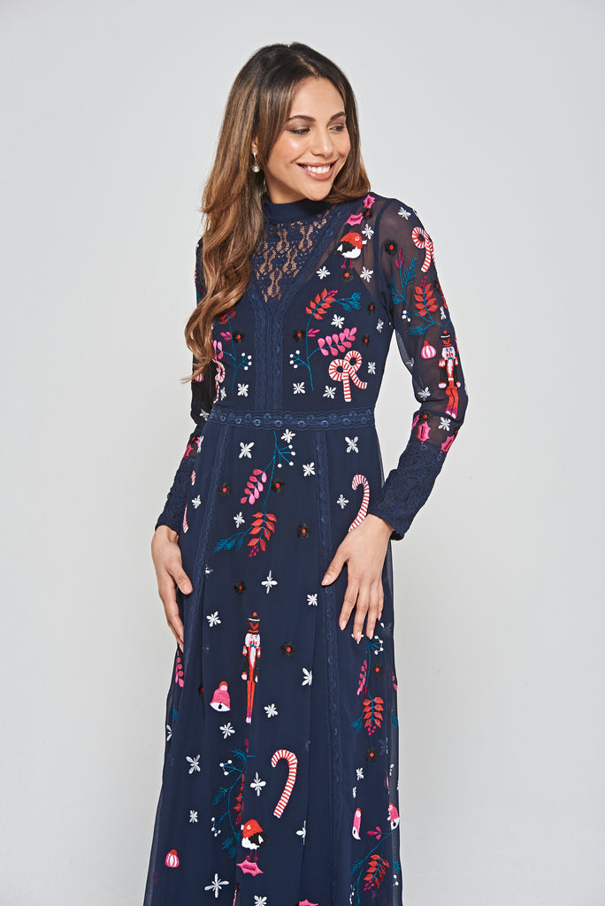 Navy Christmas Embroidered Maxi Dress with Lace Panels