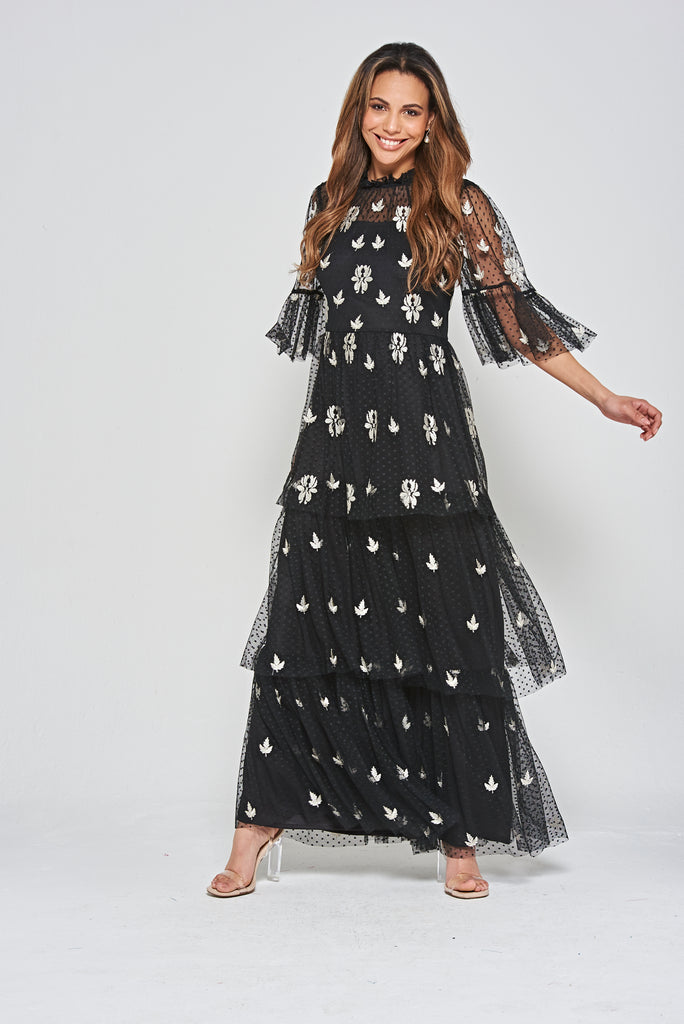Black Leaf Embroidered Tiered Maxi Dress
