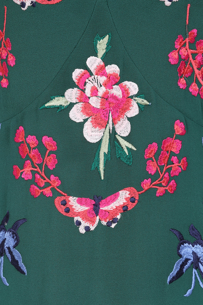 Green Floral Embroidered Midi Dress