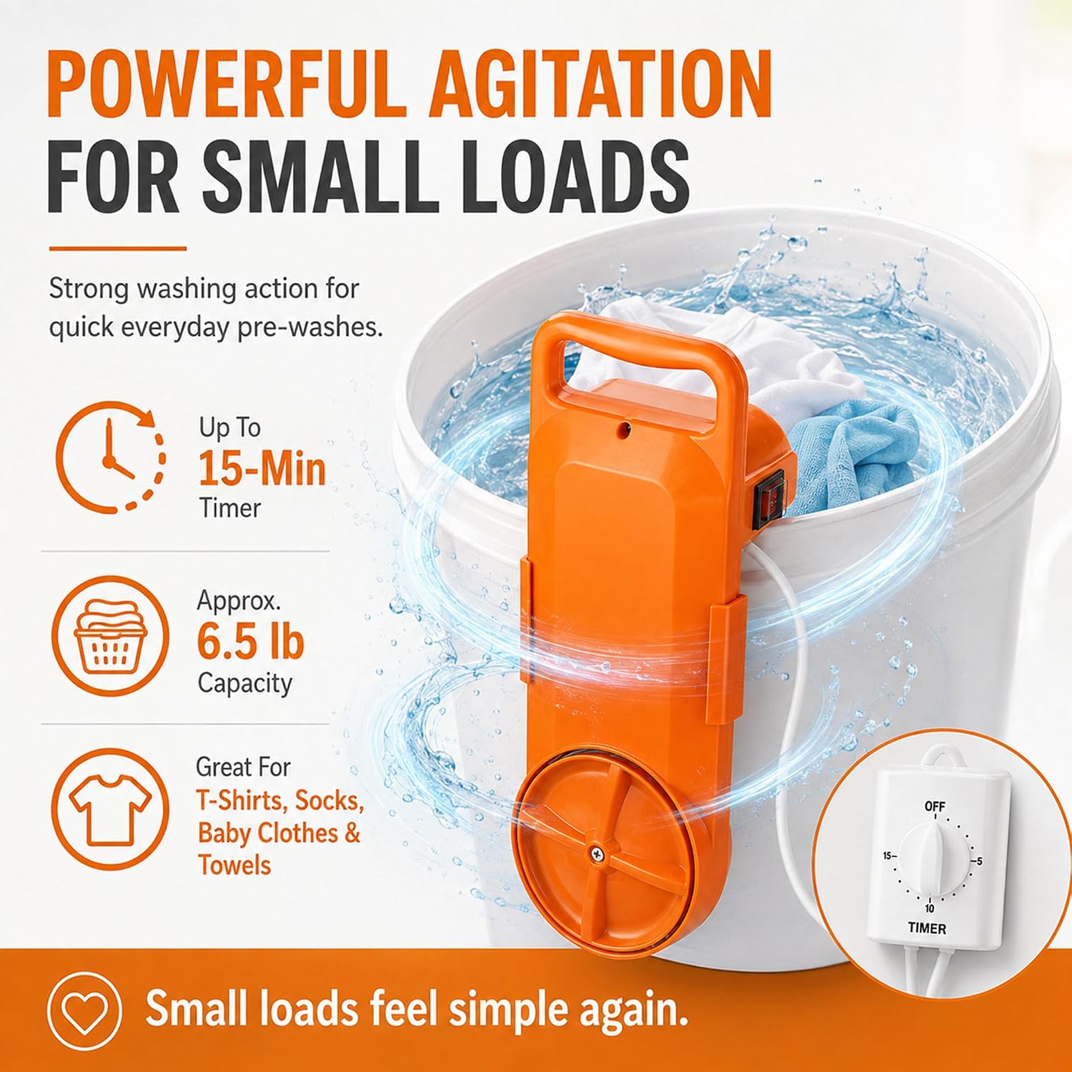 Orange portable washer in a white bucket with splashing water, showing the 15-minute timer, approximately 6.5-pound capacity and examples for t-shirts, socks, baby clothes and towels