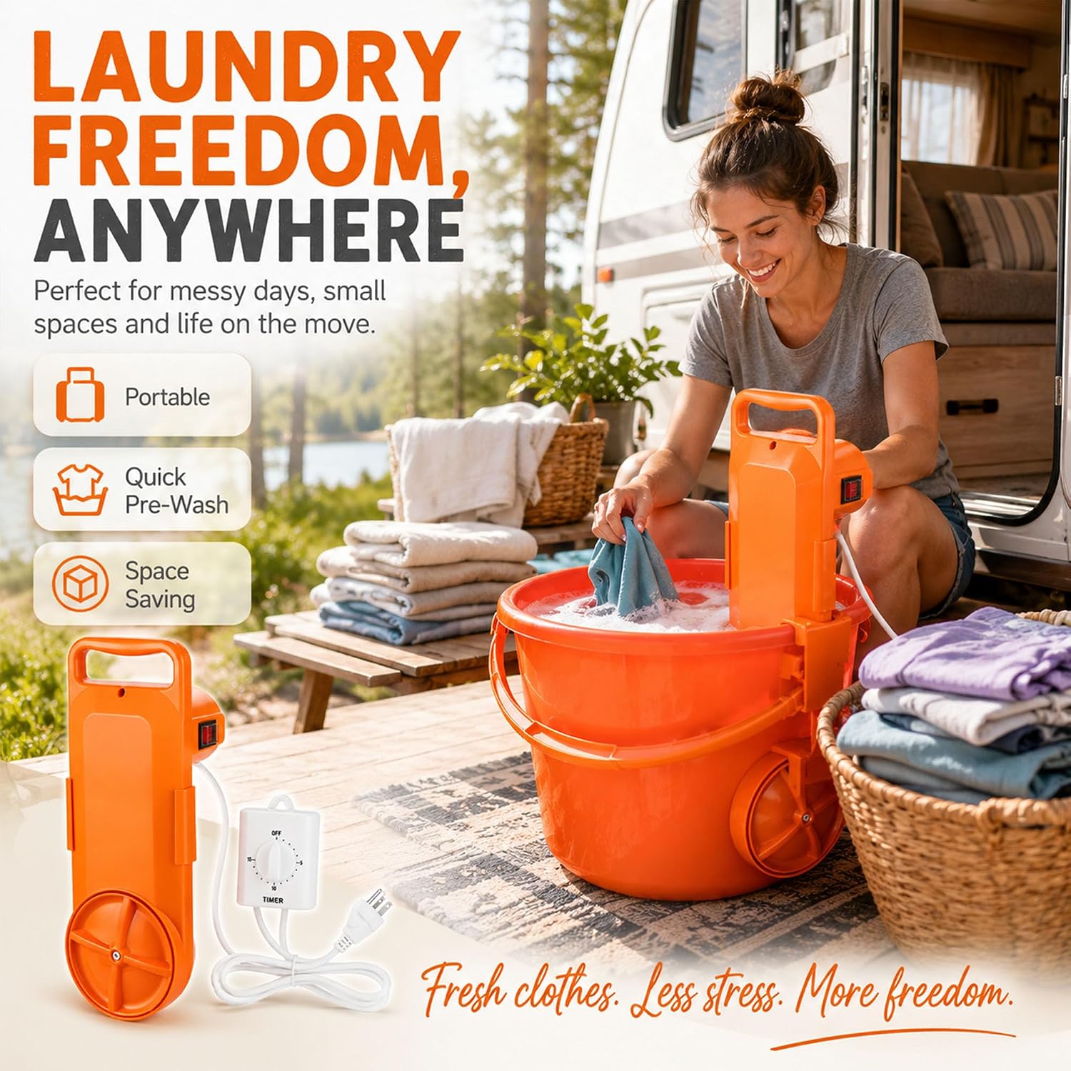 Woman kneeling beside an RV, washing clothes in an orange bucket with the portable washer, with a lake and trees in the background