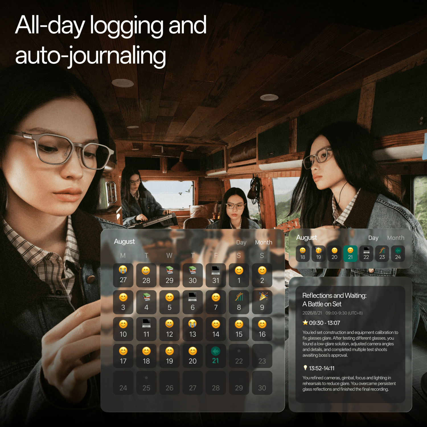 A woman looking at a floating green calendar interface titled August with emoji icons marking each day, under the headline all-day logging and auto-journaling, with a journal card describing a day on set