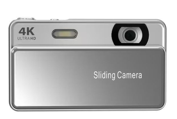 Compact 4K digital camera with sliding body, front view