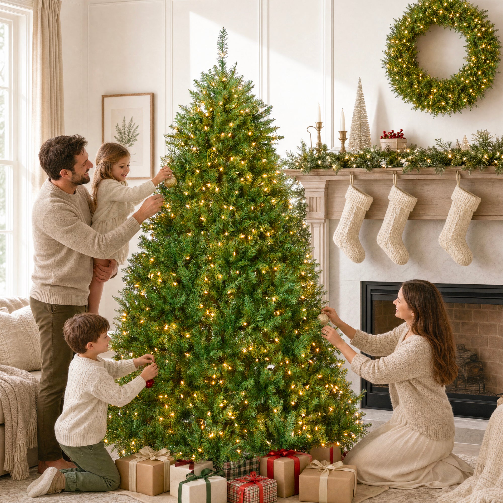 Douglas Fir Christmas tree displayed in a decorated living room