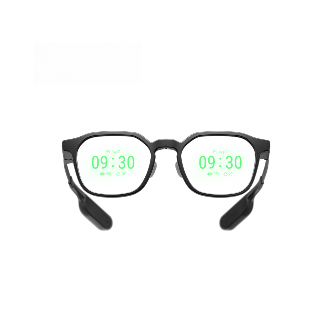 iO Polar Night (Grey) smart glasses from the front, both lenses showing a green heads-up display with time 09:30, date FRI Aug 21, battery 95% and weather 28 degrees
