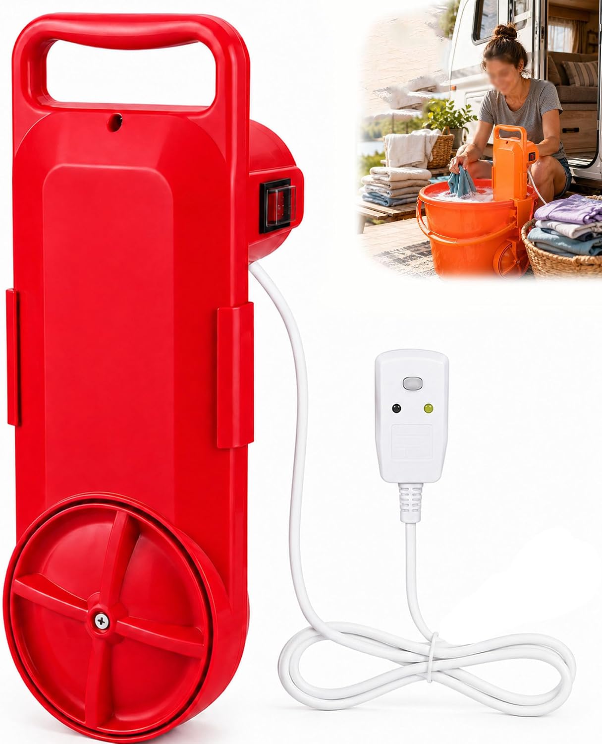 Red portable bucket washing machine shown from the side with its GFCI power controller, plus a lifestyle photo in the corner of a woman using the washer in an orange bucket outside an RV