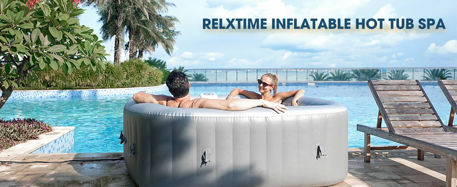 Inflatable hot tub spa with couple relaxing poolside