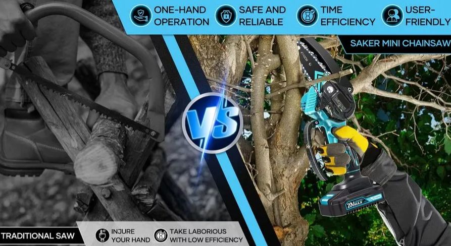 SAKER mini chainsaw compared with a traditional hand saw