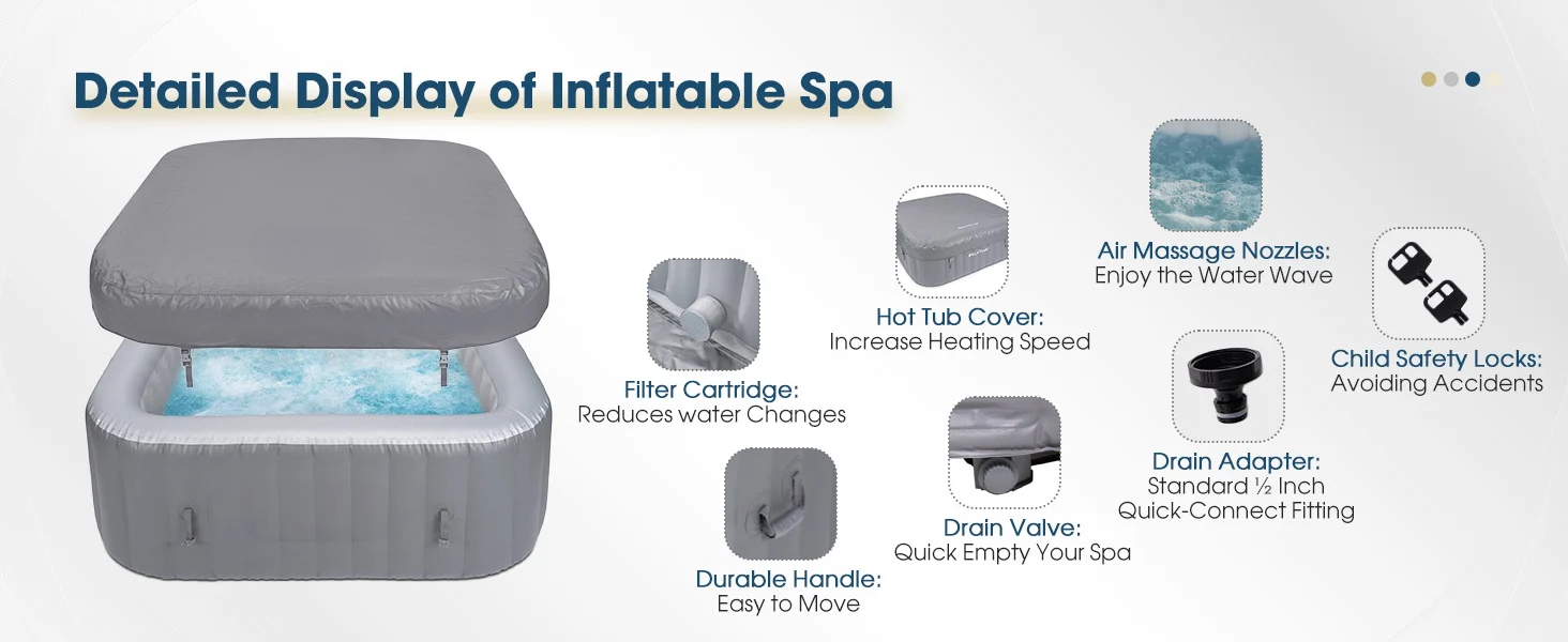 Spa details: hot tub cover, filter cartridge, durable handle, drain valve, drain adapter, air massage nozzles, child safety locks