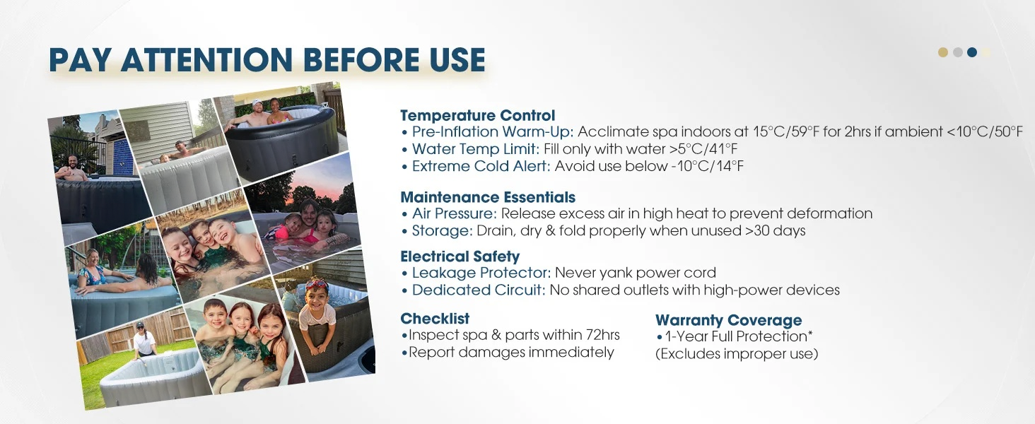 Safety and usage notice covering temperature control, maintenance, electrical safety, checklist and warranty