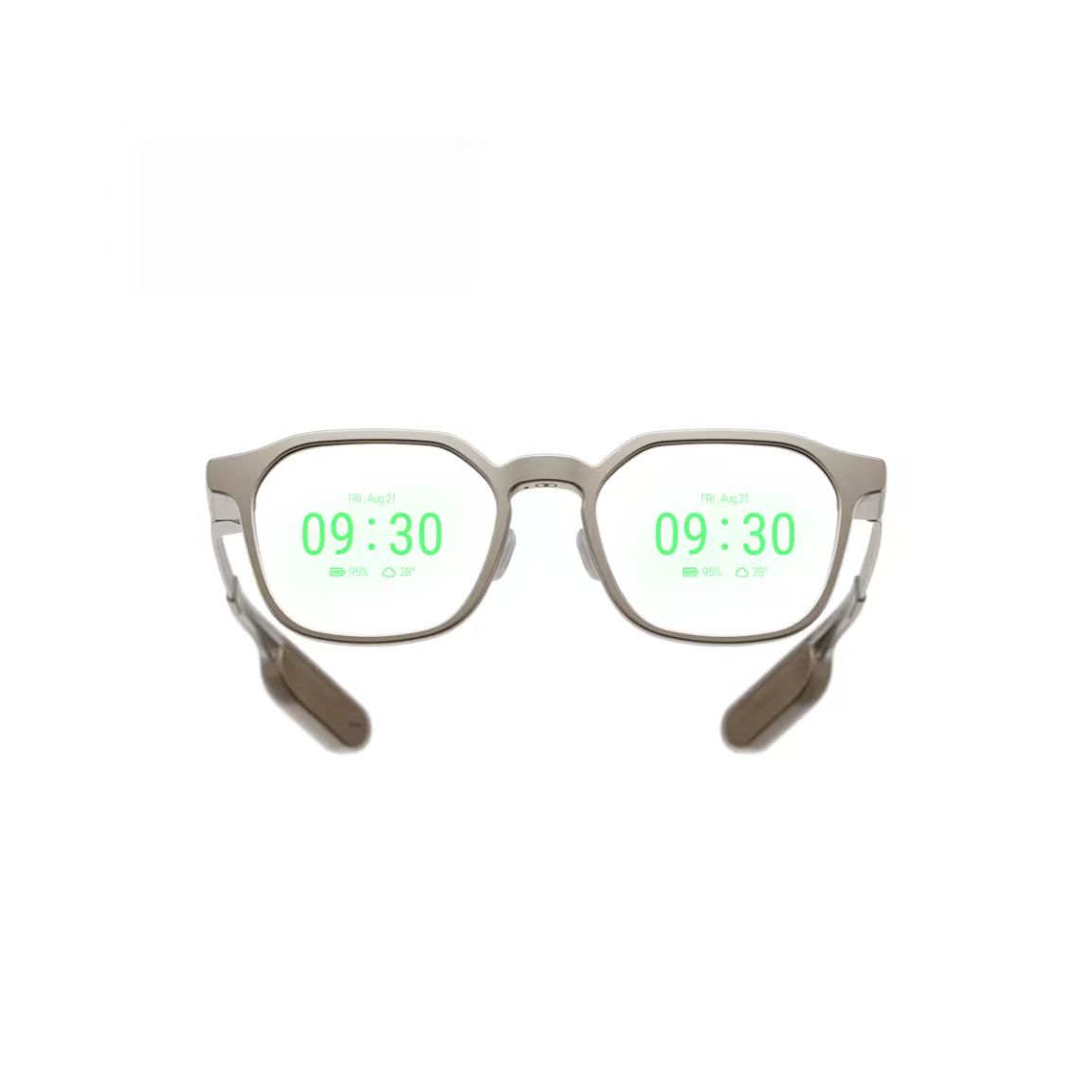 iO Dune (Gold) smart glasses from the front, both lenses showing a green heads-up display with time 09:30, date FRI Aug 21, battery 95% and weather 28 degrees