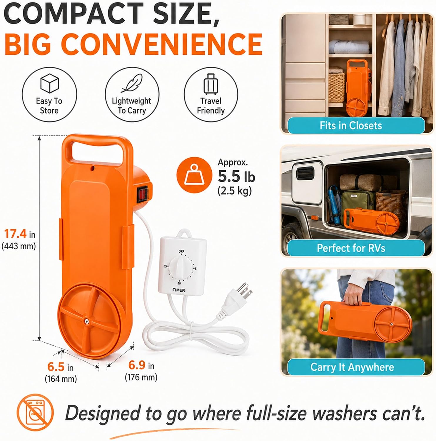 Compact washer with dimensions 17.4 by 6.9 by 6.5 inches and 5.5-pound weight, alongside three photos showing it stored in a closet, packed in an RV compartment and carried by hand outdoors