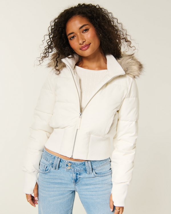 Peyton Faux Fur Trim Puffer Jacket - White view 1
