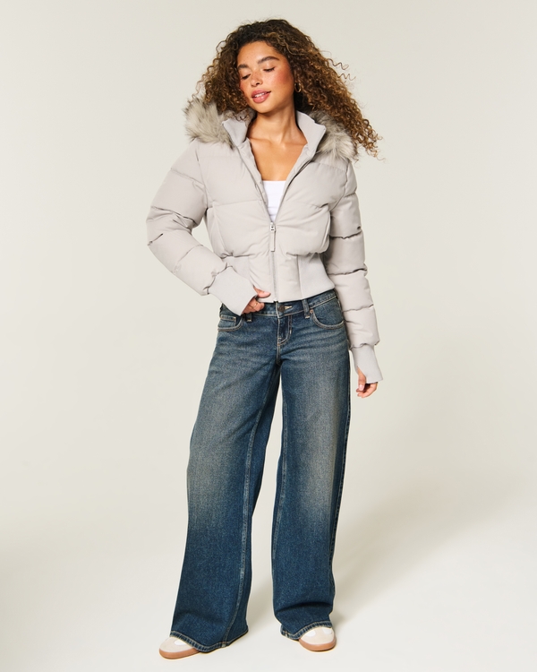 Peyton Faux Fur Trim Puffer Jacket - Cream view 2
