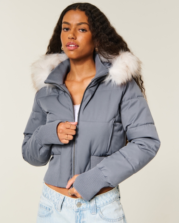 Peyton Faux Fur Trim Puffer Jacket - Dark Blue view 1