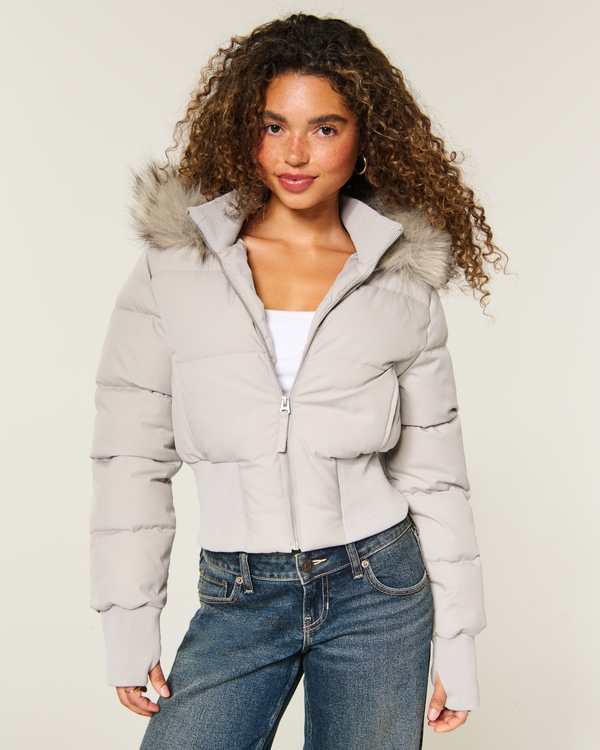 Peyton Faux Fur Trim Puffer Jacket - Cream view 1