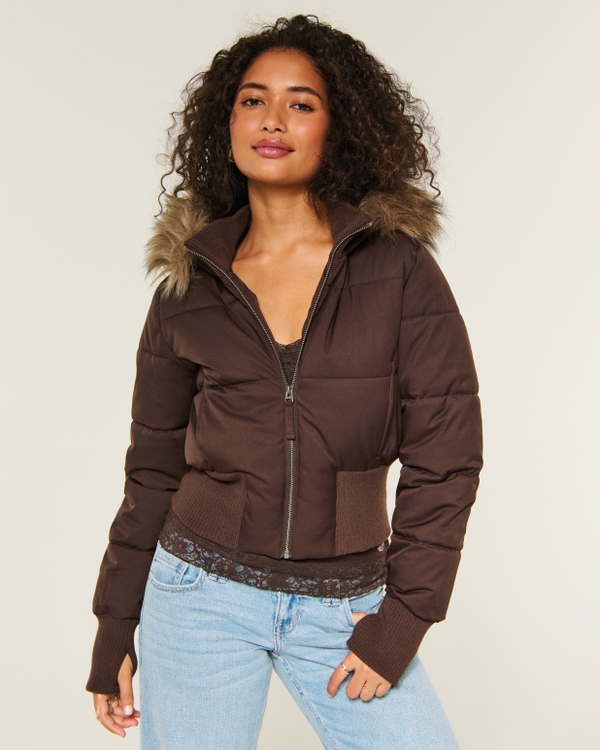 Peyton Faux Fur Trim Puffer Jacket - Espresso view 1