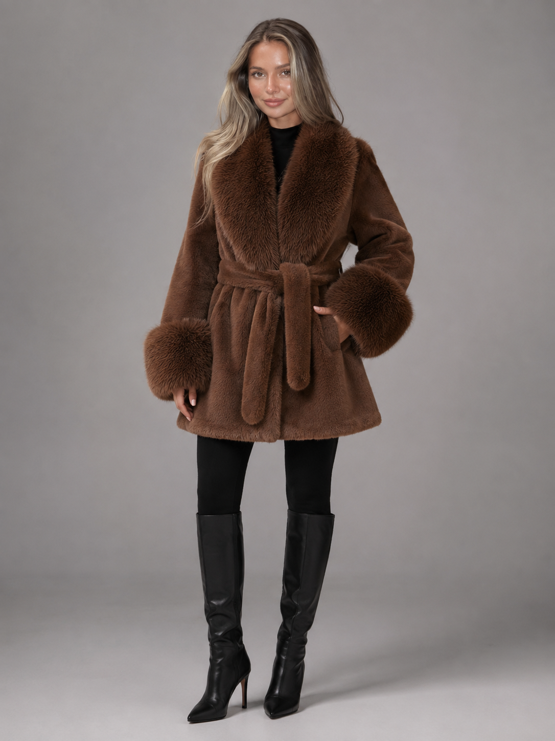Women's Belted Faux Fur Collar Coat - product image 10