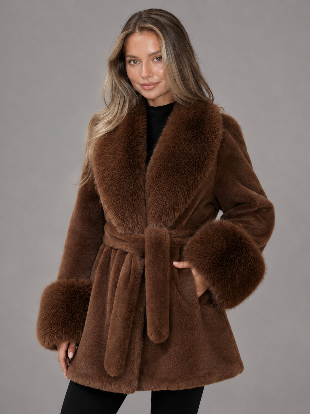 Women's Belted Faux Fur Collar Coat - product image 9