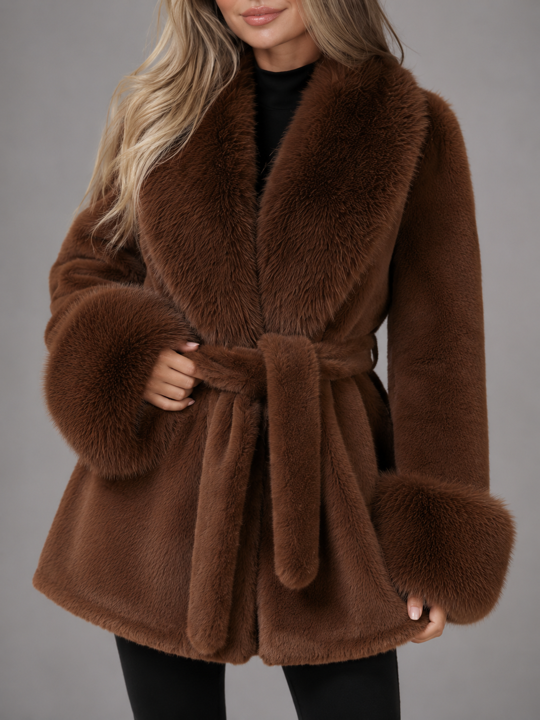 Women's Belted Faux Fur Collar Coat - product image 4