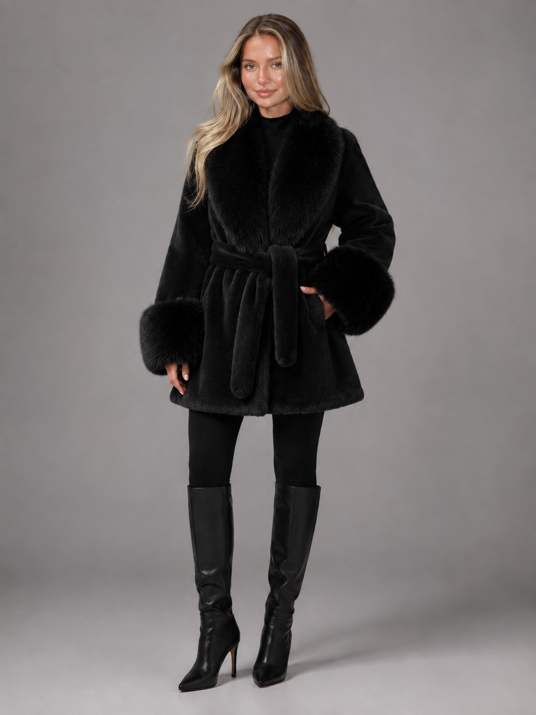 Women's Belted Faux Fur Collar Coat - product image 3