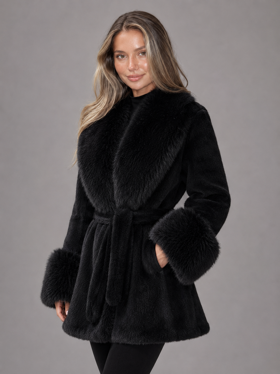 Women's Belted Faux Fur Collar Coat - product image 2
