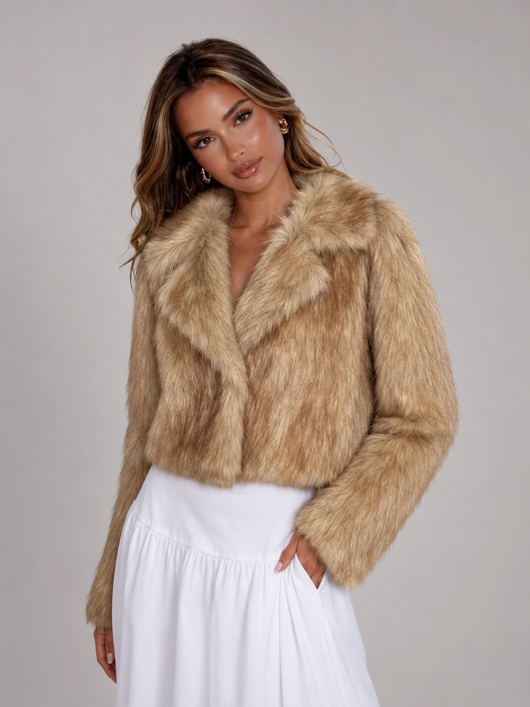Women's Collared Faux Fur Jacket Beige - product image 9