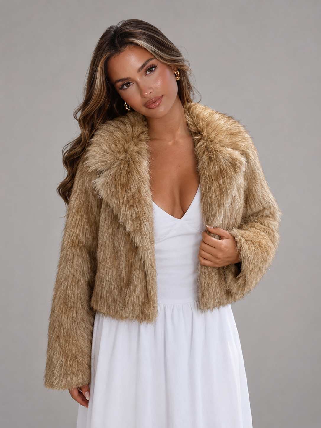 Women's Collared Faux Fur Jacket Beige - product image 2