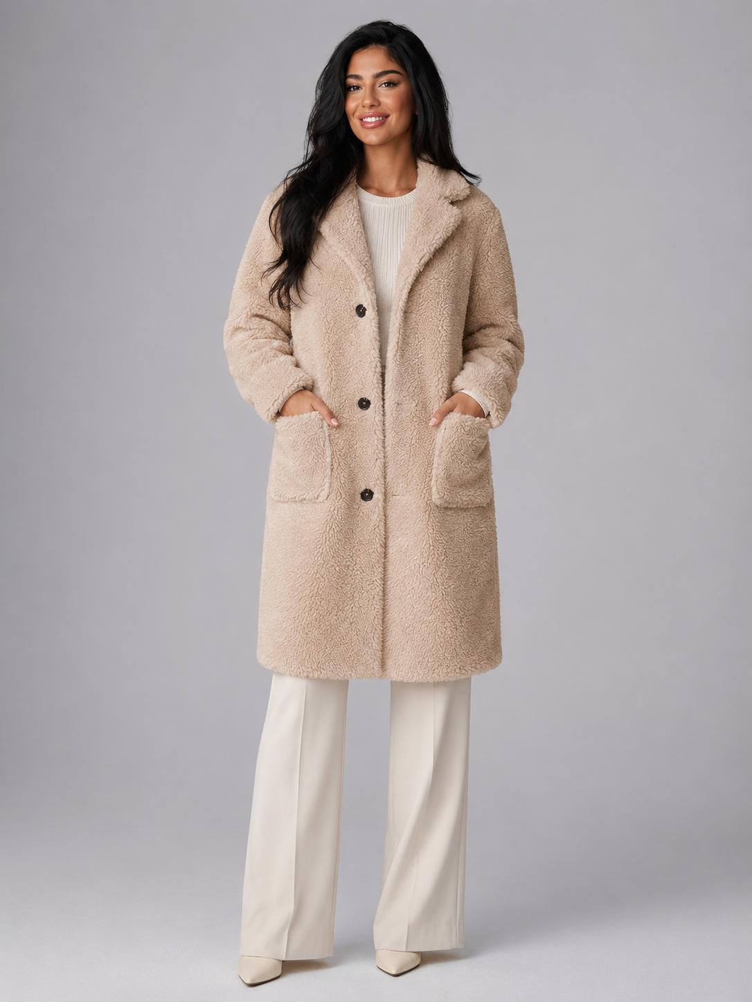 Women's Longline Teddy Borg Coat | Oversized Lapel Winter Coat - product image 9