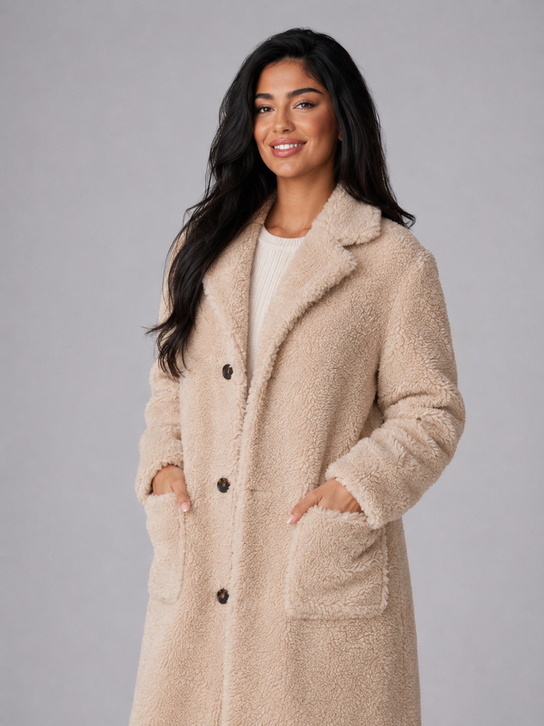 Women's Longline Teddy Borg Coat | Oversized Lapel Winter Coat - product image 8