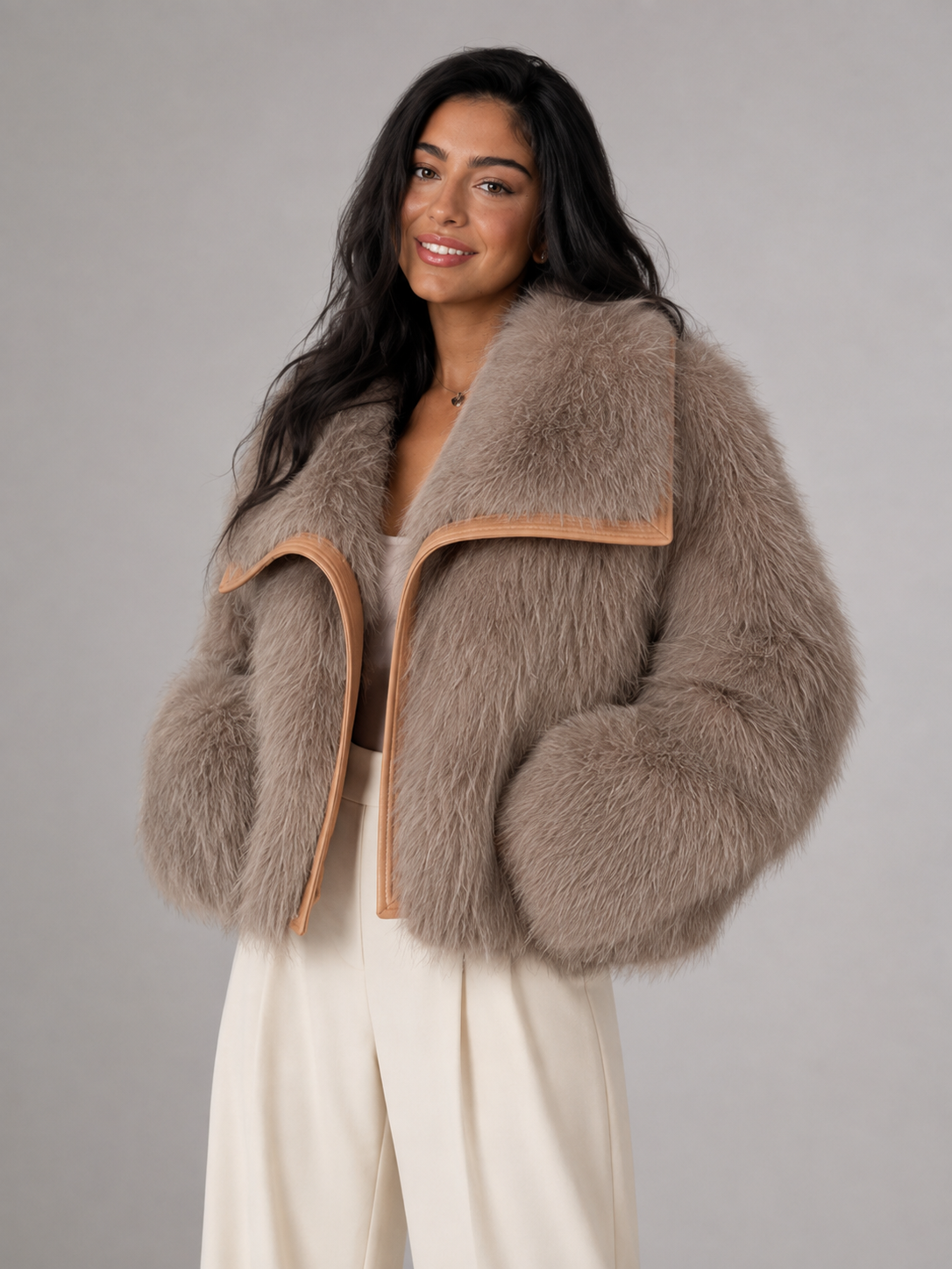 Women's Faux Fur Cropped Coat | Contrast Trim Winter Jacket - product image 7