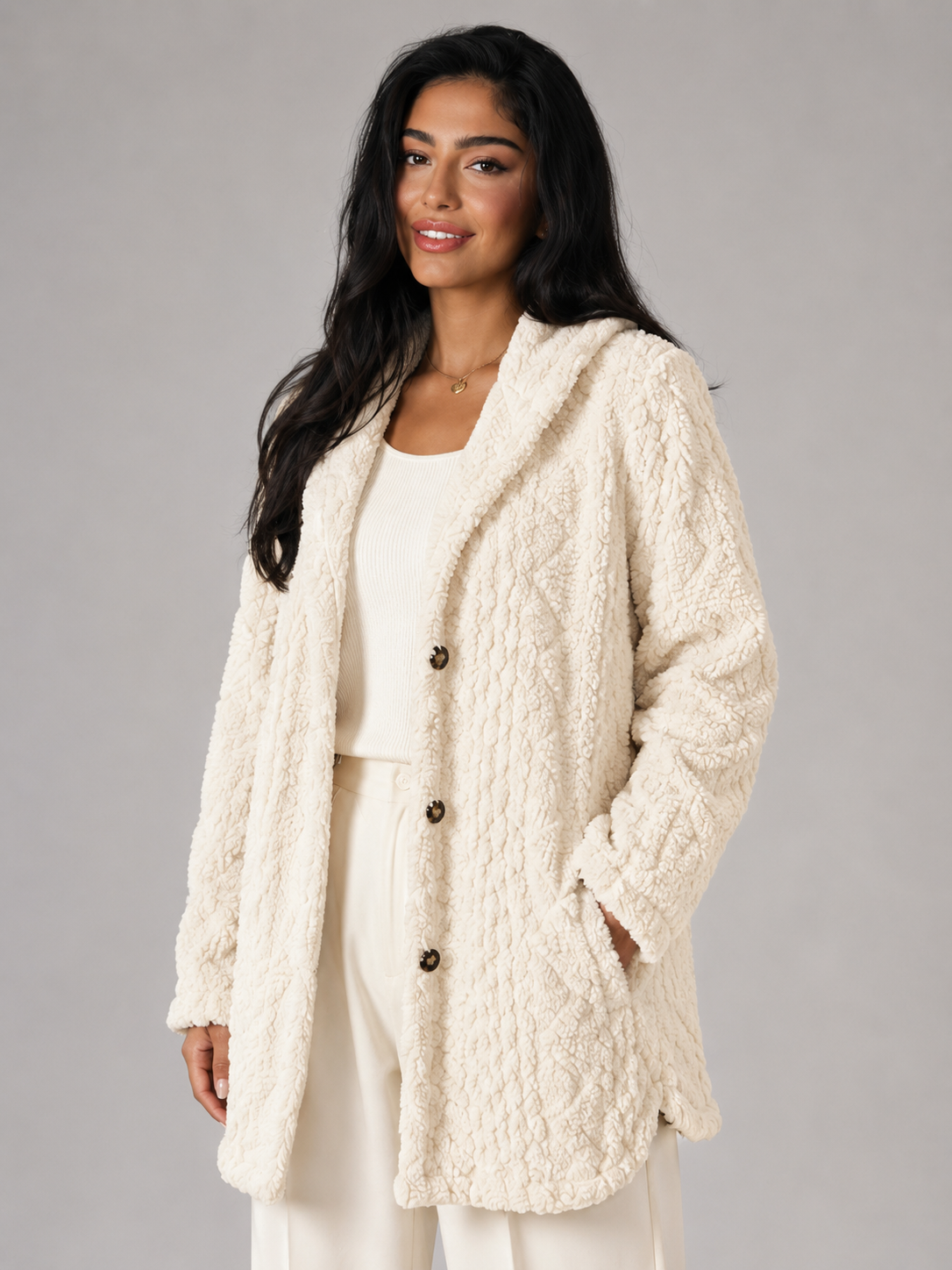 Women's Hooded Sherpa Coat | Longline Button-Front Teddy Jacket - product image 9