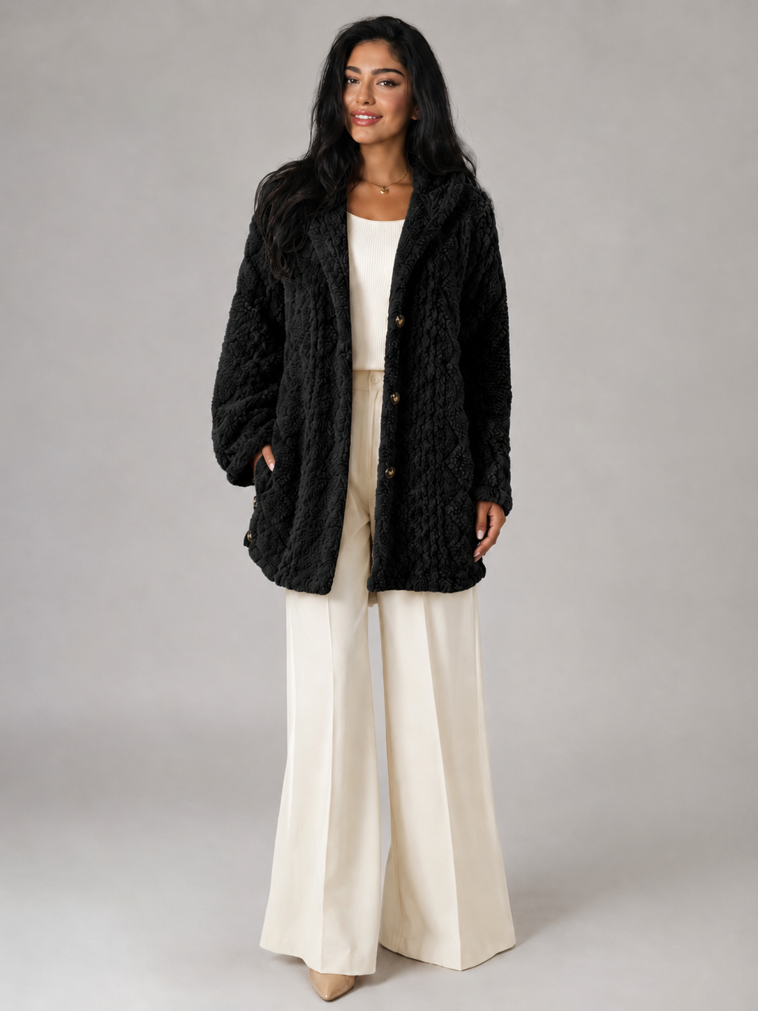 Women's Hooded Sherpa Coat | Longline Button-Front Teddy Jacket - product image 4