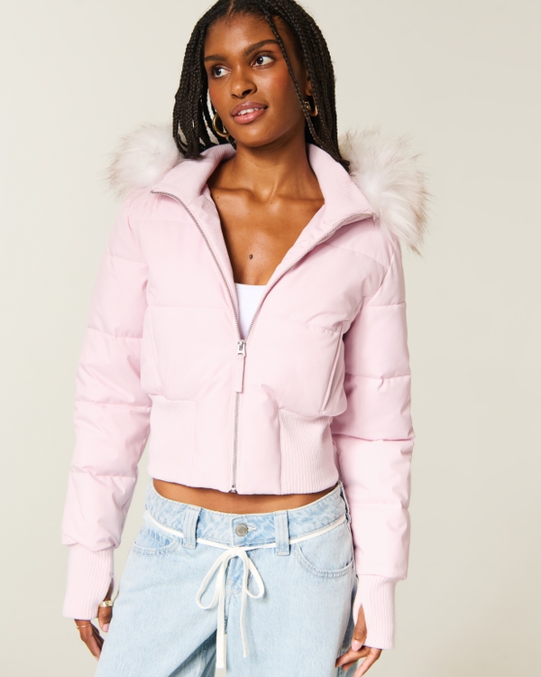 Peyton Faux Fur Trim Puffer Jacket - Light Pink view 1