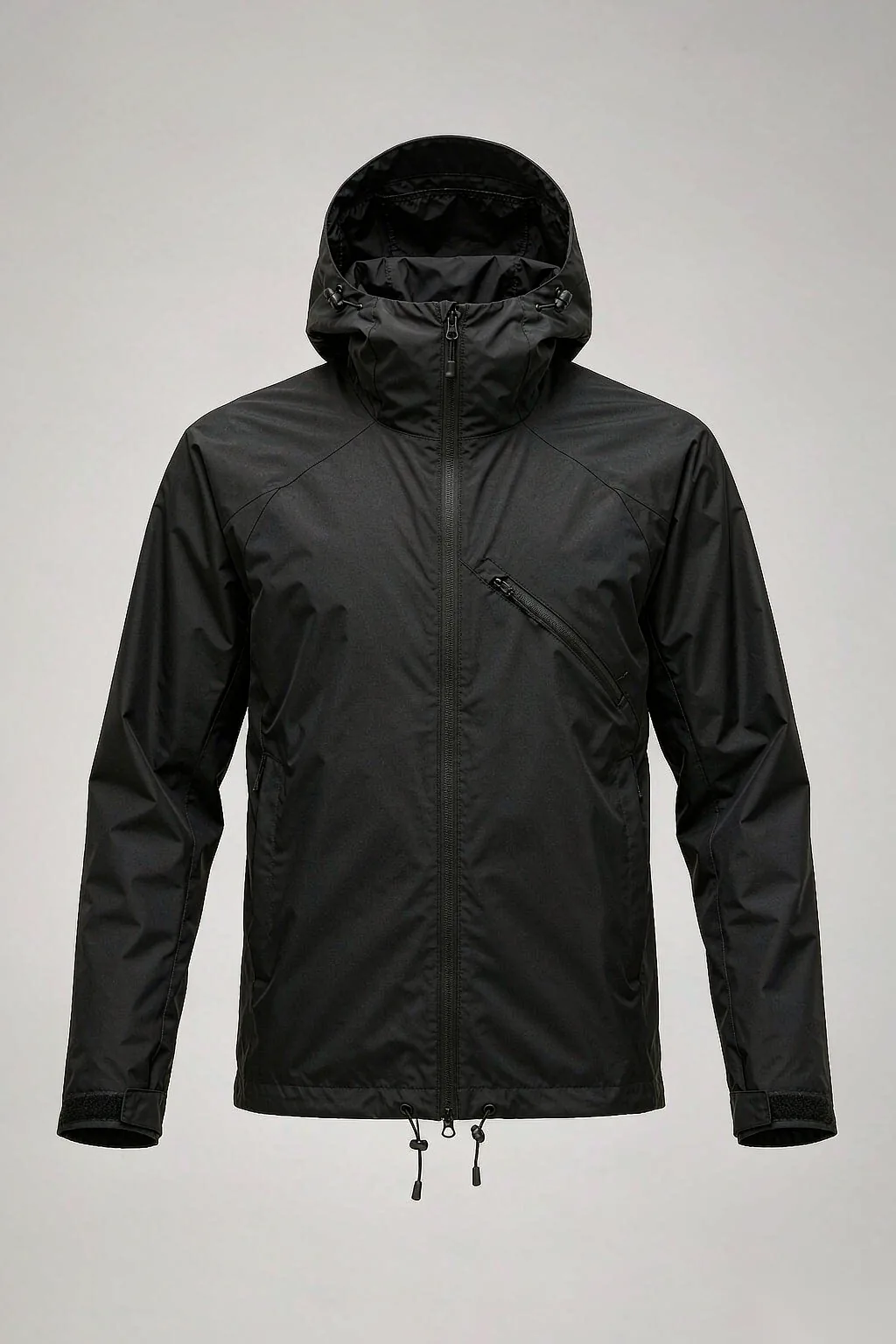 Men's black waterproof hard shell jacket front view