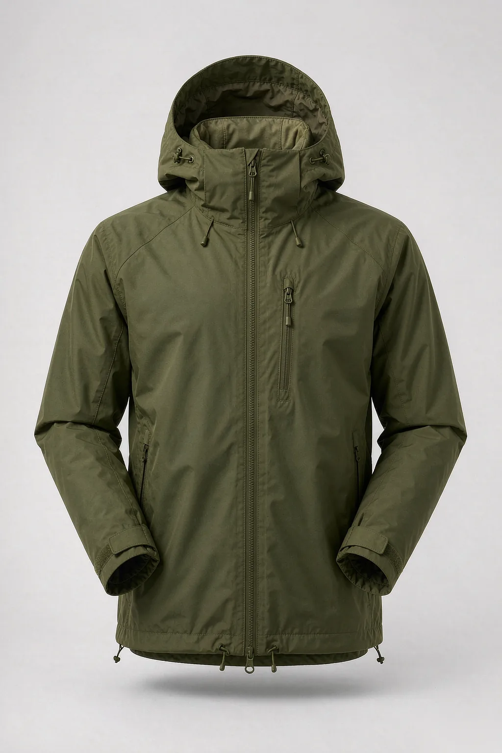 Men's olive green waterproof hard shell jacket front view