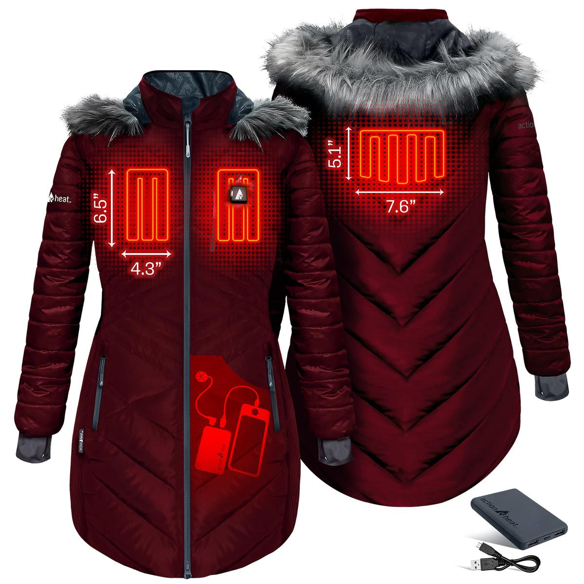 Heatrea 5V Women's Heated Long Puffer Jacket W/ Hood