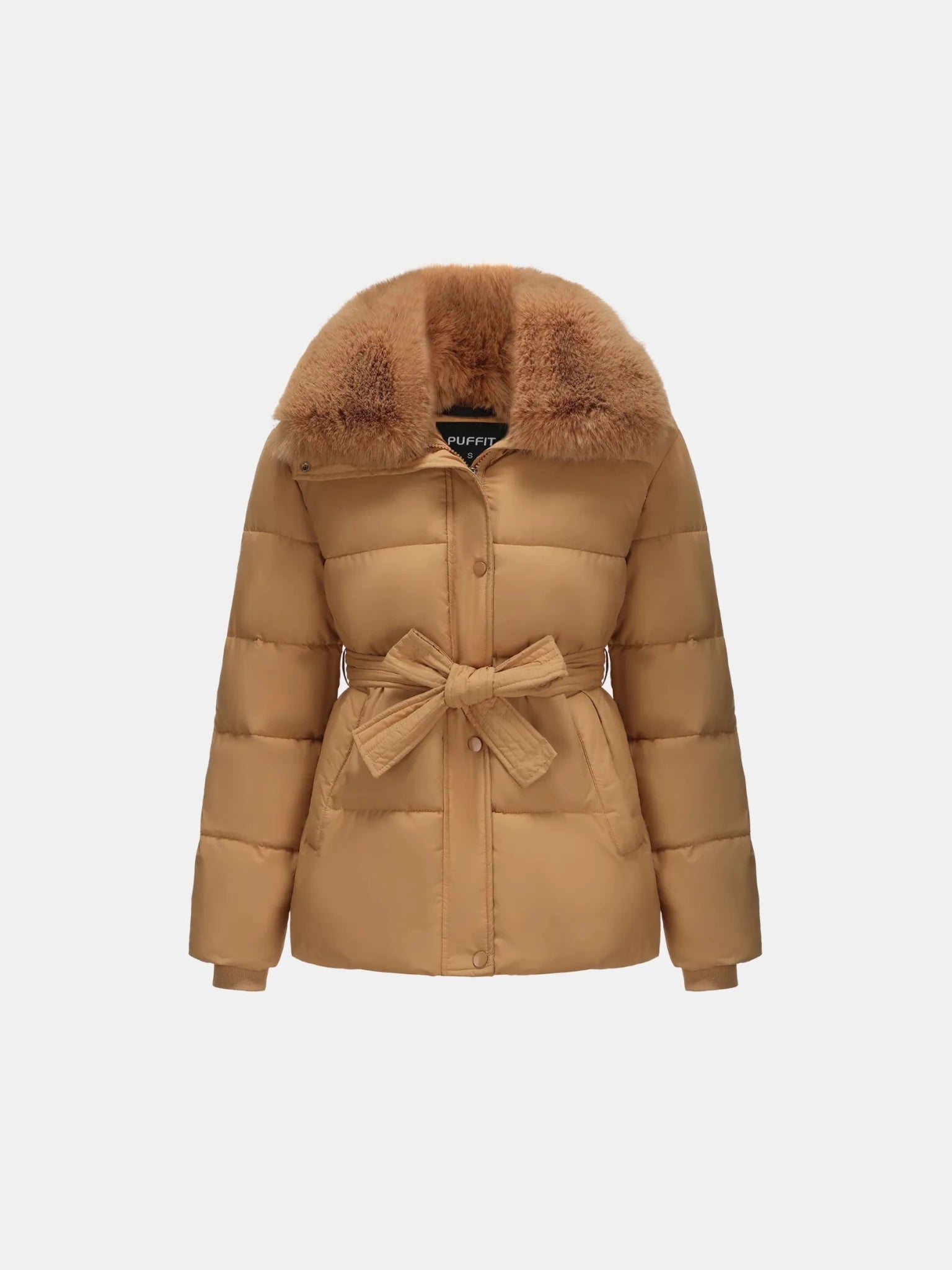 Beige Elevated Detachable Faux Fur Collar Puffer With Belt - product image 1
