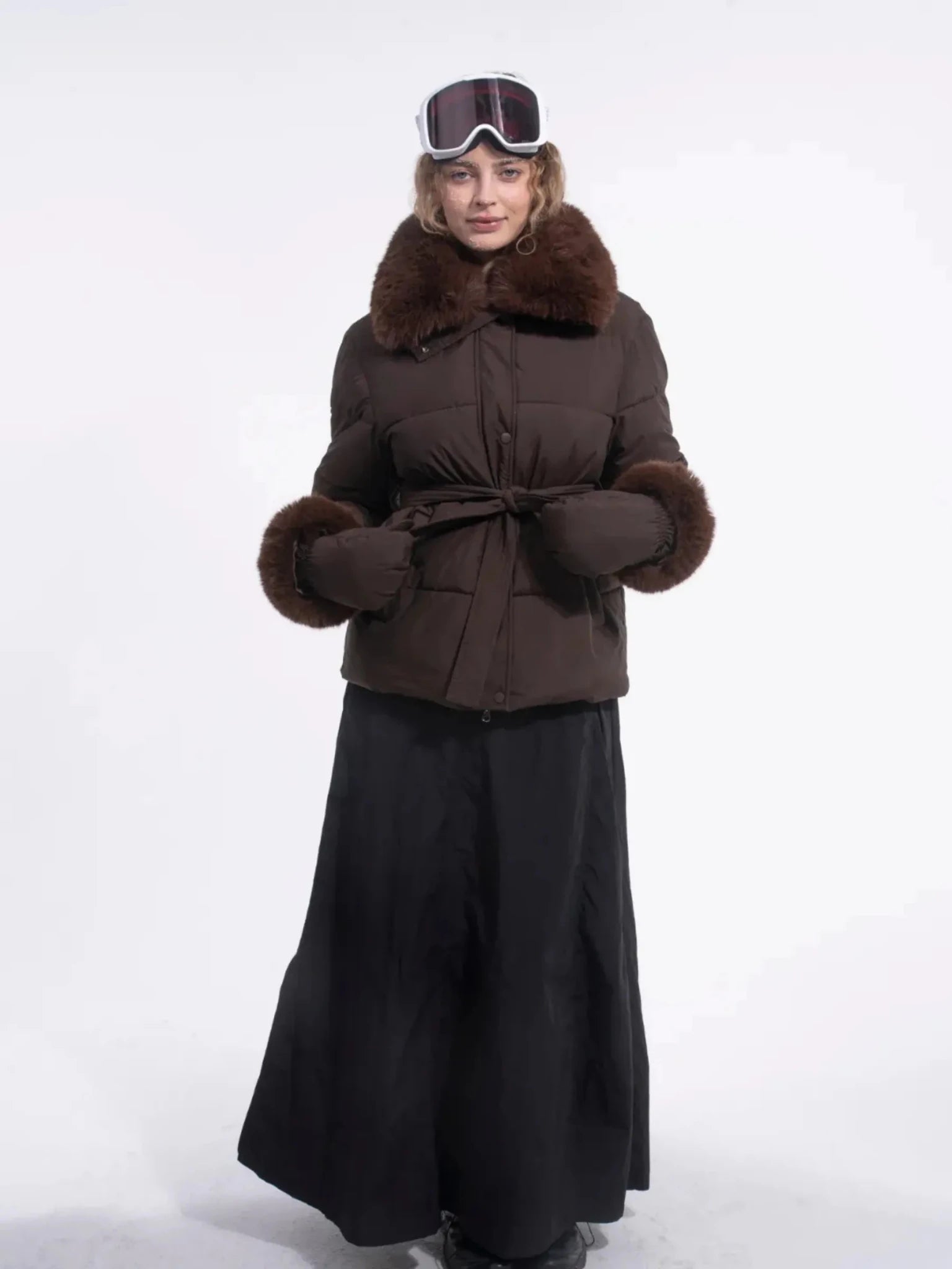 Beige Elevated Detachable Faux Fur Collar Puffer With Belt - product image 4