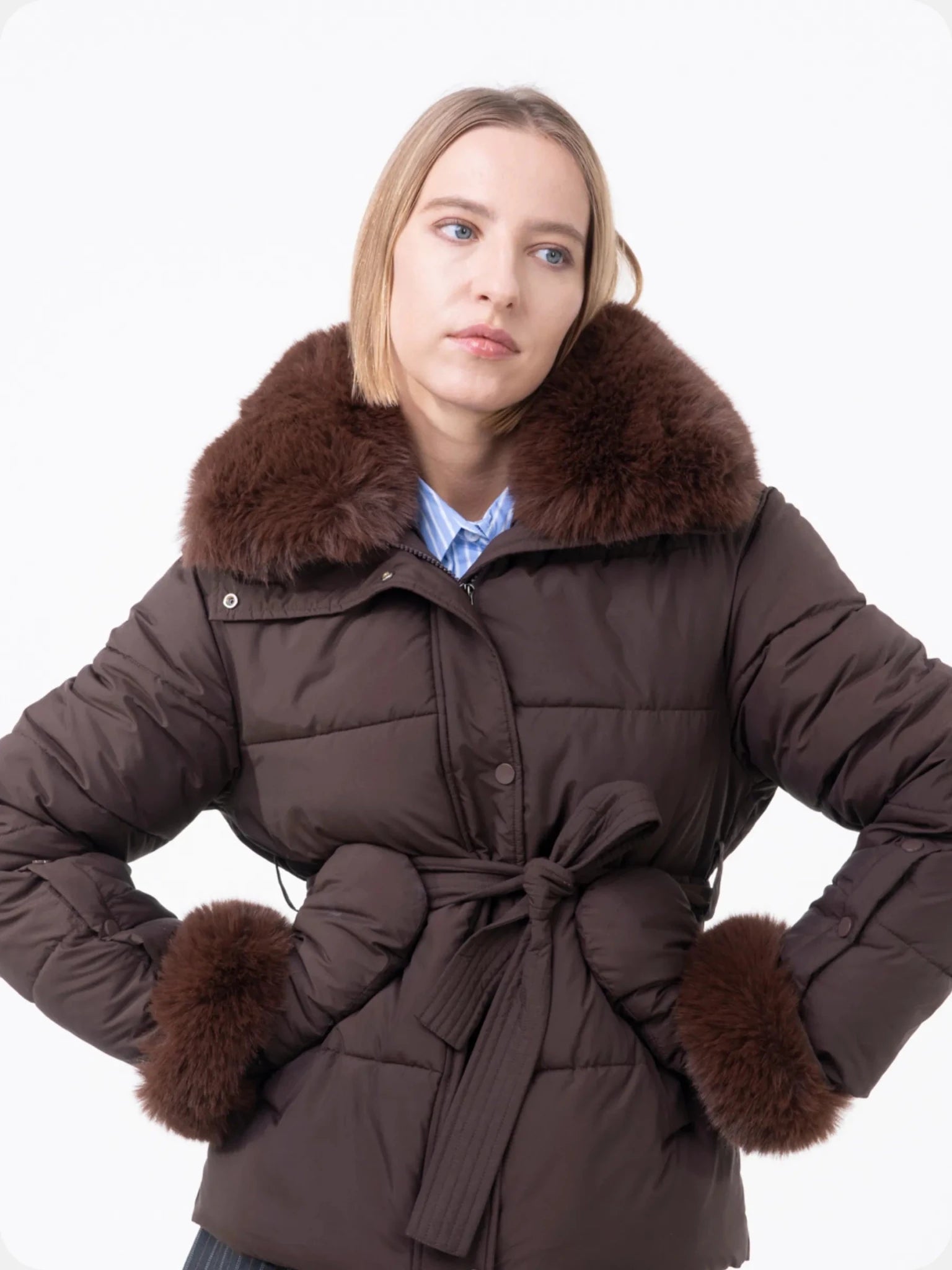 Beige Elevated Detachable Faux Fur Collar Puffer With Belt - product image 5