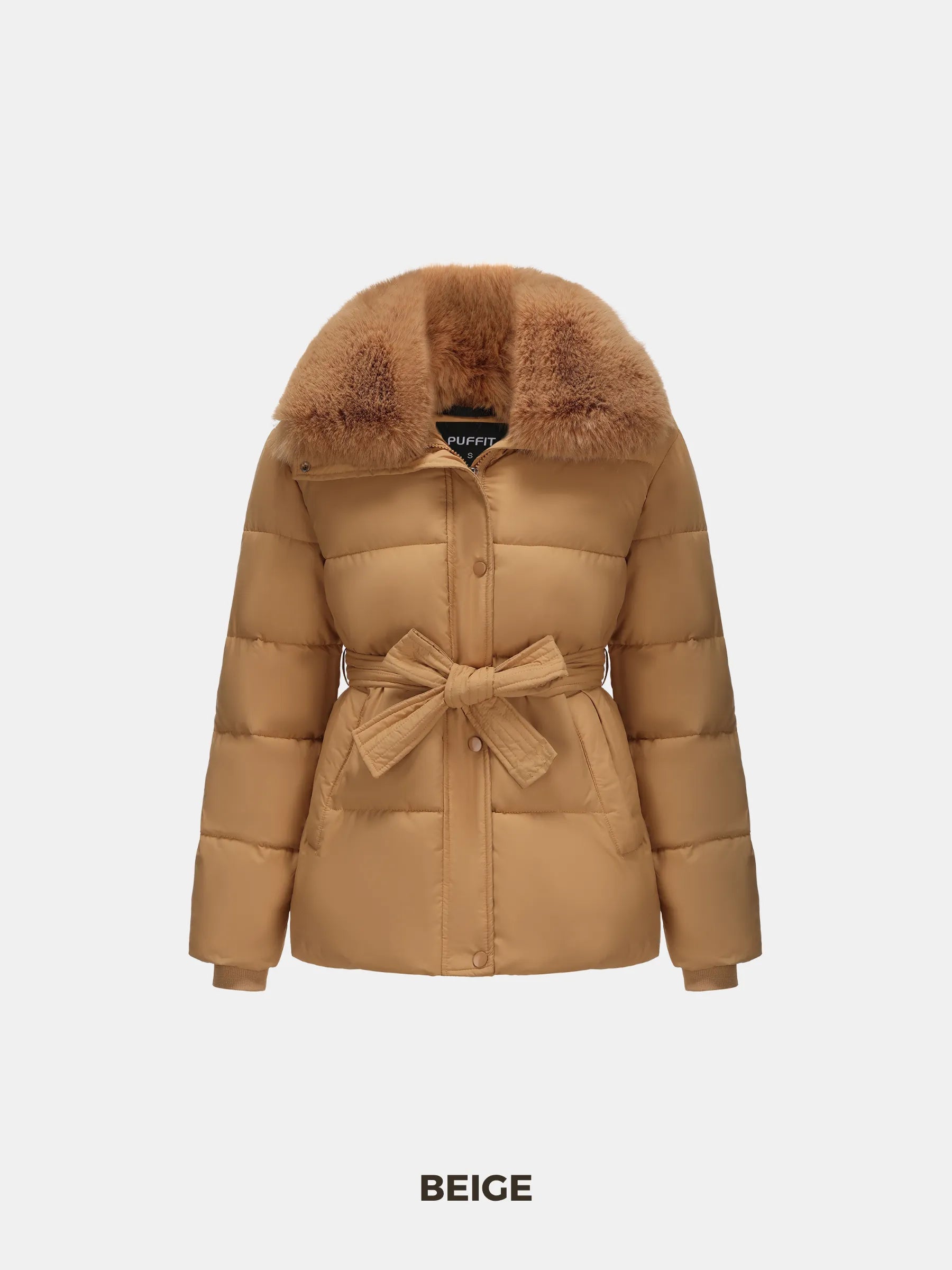 Beige Elevated Detachable Faux Fur Collar Puffer With Belt - product image 2