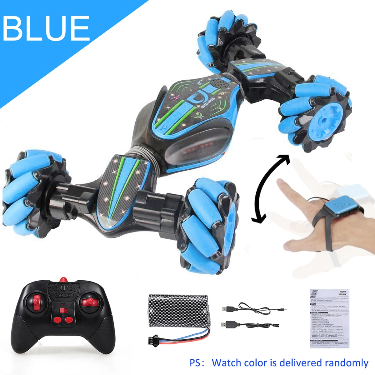 Masinuta Twist Air Gesture Car, Stunt Car, telecomanda 2.4 GHz, telecomanda ceas, control gestual, lumini led, sunete, 83A, Albastru