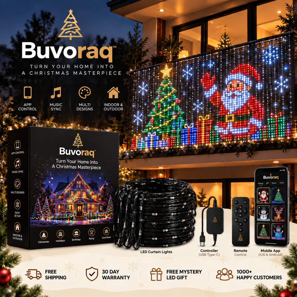 Buvoraq smart animated Christmas curtain light overview with app controller remote and package presentation
