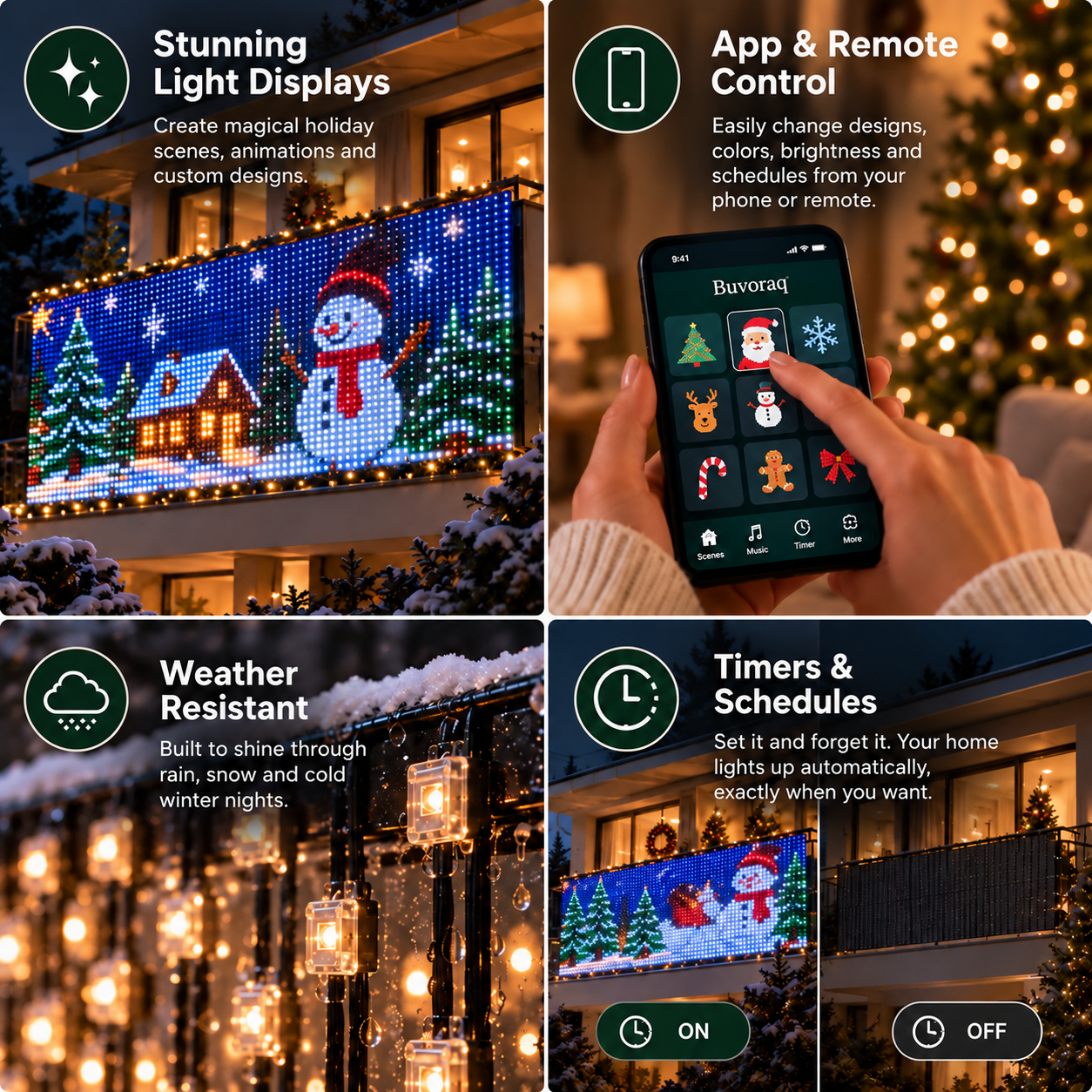 Buvoraq app and remote control feature overview with curtain light display and scheduling examples
