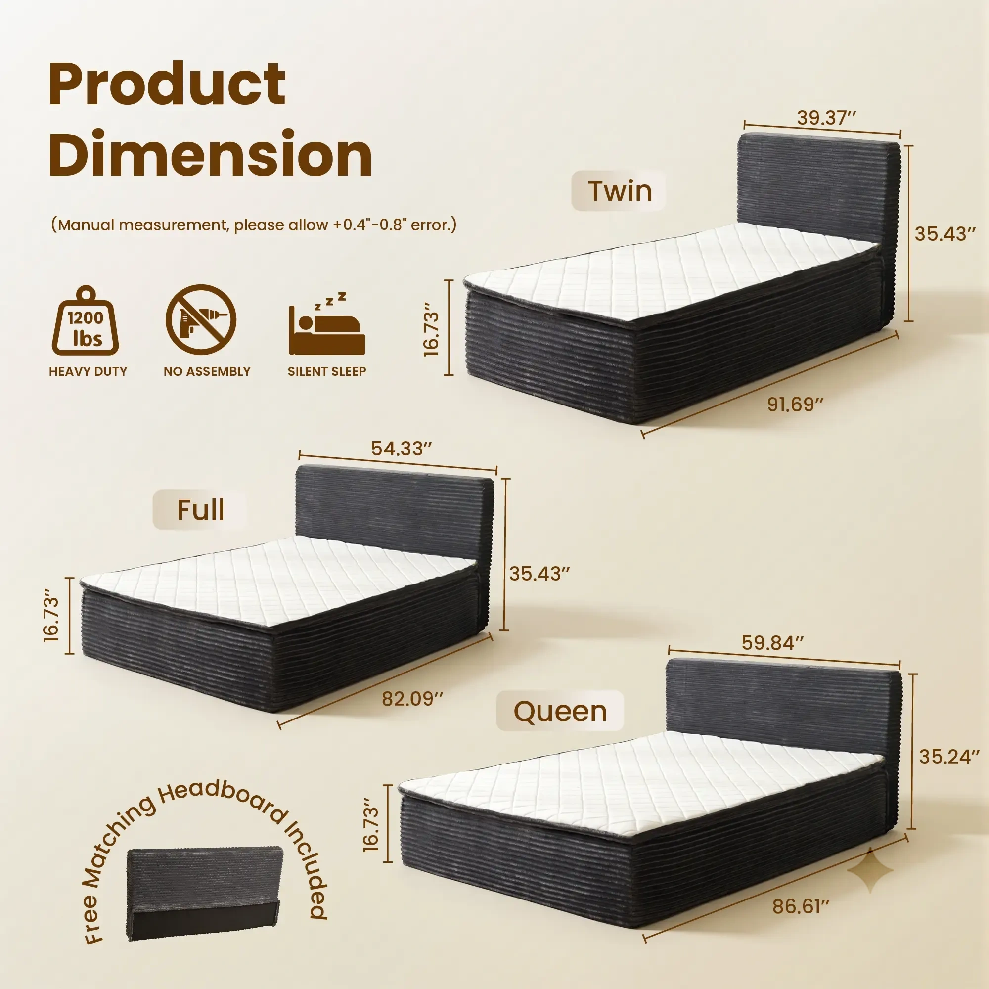 Queen Size Memory Foam Mattress with Removable Headboard, 17" Sofa Bed, Pocket Springs, Pressure Relief & Motion Isolation, CertiPUR-US Certified, No Assembly Required