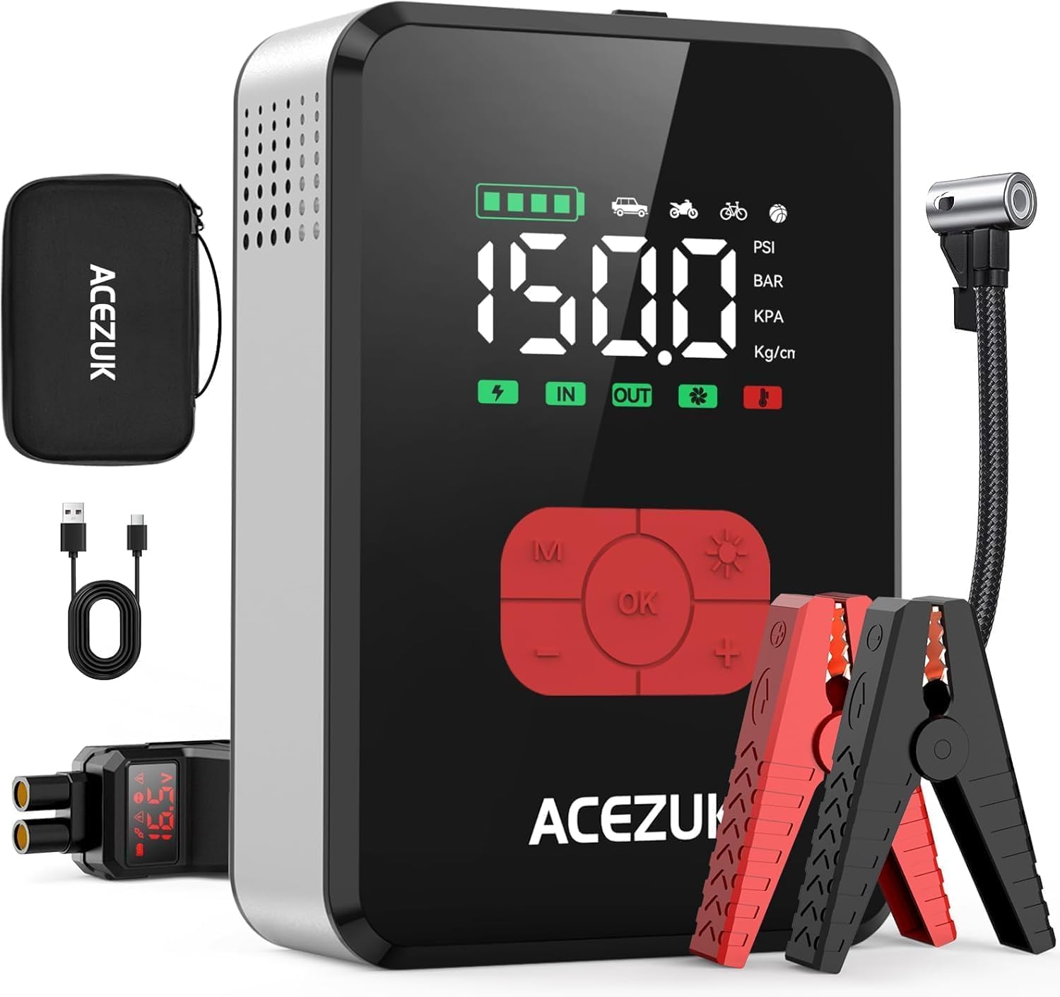 ACEZUK Arrancador de Baterias de Coche con 150PSI Compresor de Aire, 70000A Arrancador Coche Portatil con Inflador(Todo Gas o 12.0L Diésel), 12 Jump Starter, Pantalla Grande LCD, 600 Lúmenes LED